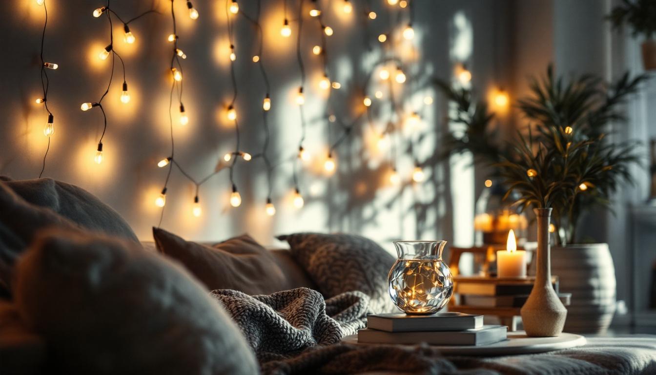 A photograph of a beautifully arranged string led light display in a cozy living space