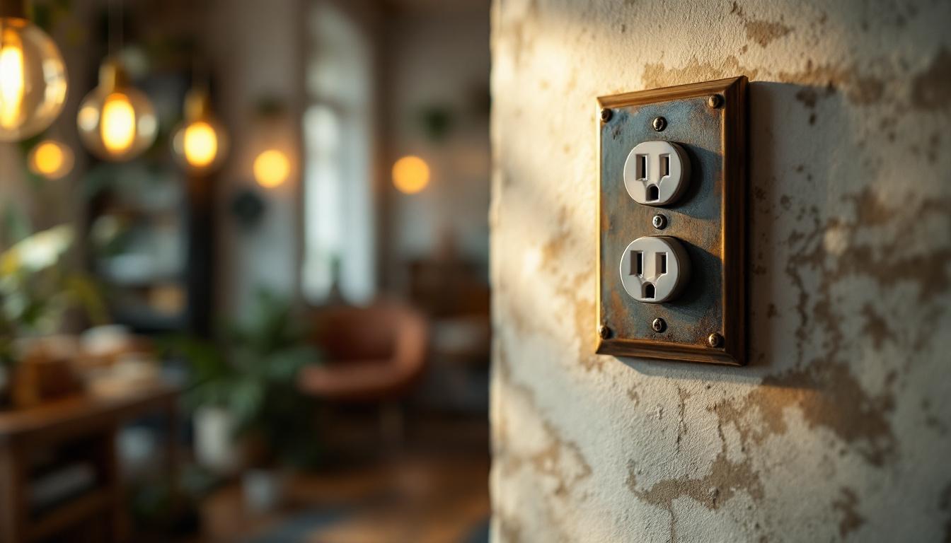 A photograph of a beautifully styled vintage electrical outlet installed in a well-lit