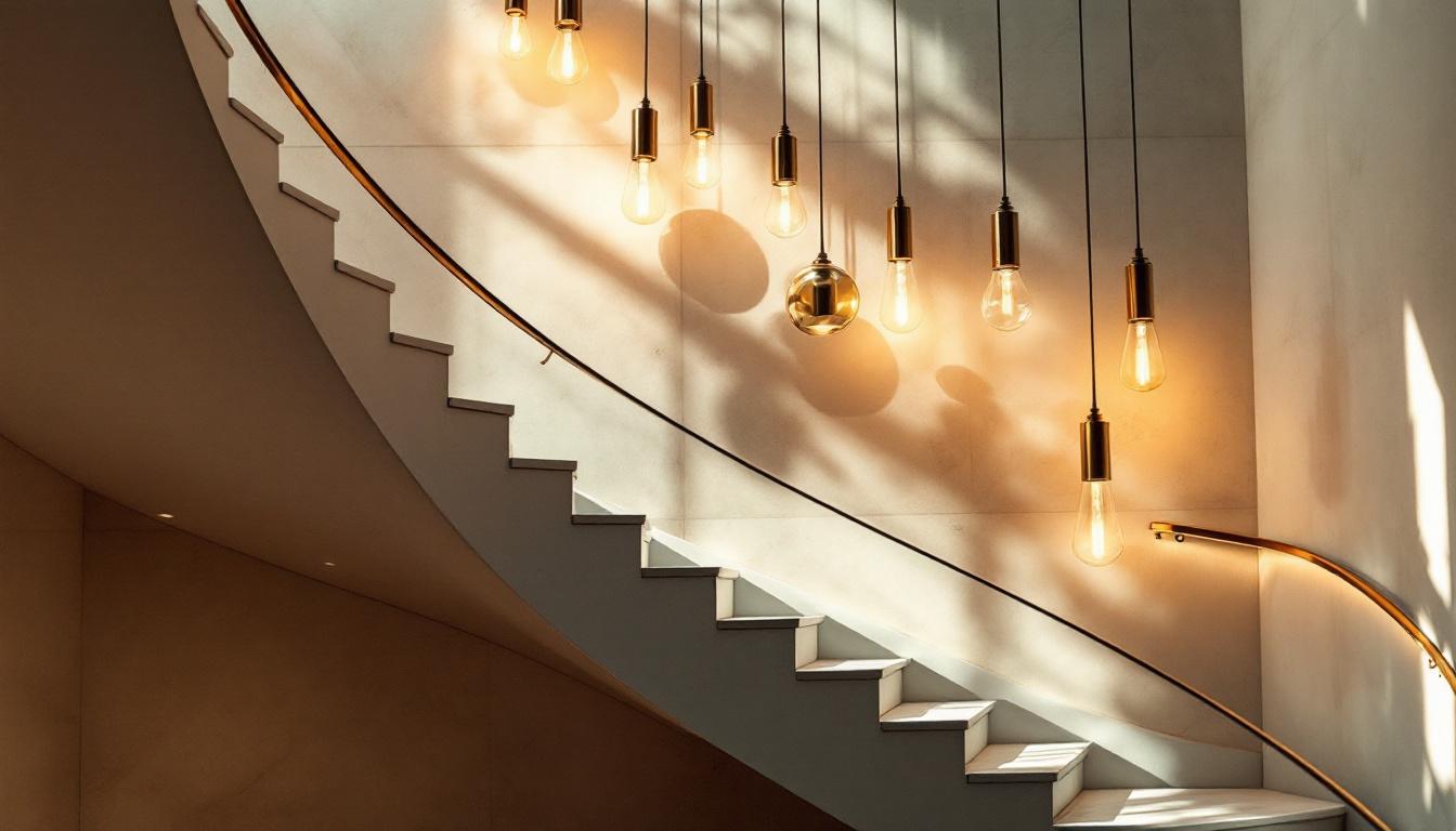 A photograph of a beautifully designed staircase illuminated by stylish hanging lights