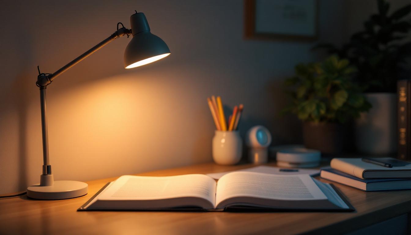 A photograph of a well-lit study space featuring a desk with a warm