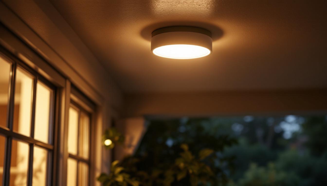 A photograph of a stylish outdoor flush mount ceiling light fixture installed on a patio or porch