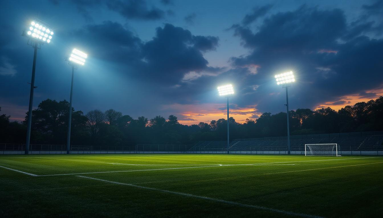 A photograph of a dynamic sports field illuminated by powerful floodlights at dusk