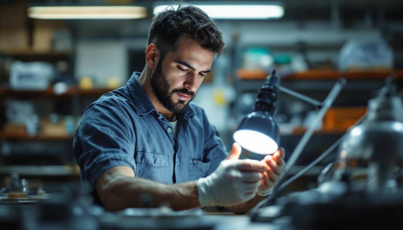 A photograph of a skilled engineer inspecting a high-quality led lamp in a workshop setting