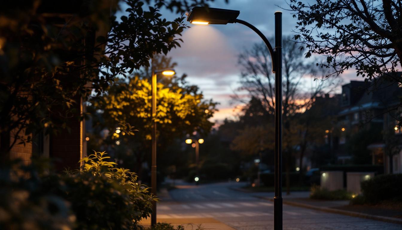 A photograph of capture a photograph of a cobrahead street light illuminating a street scene at dusk