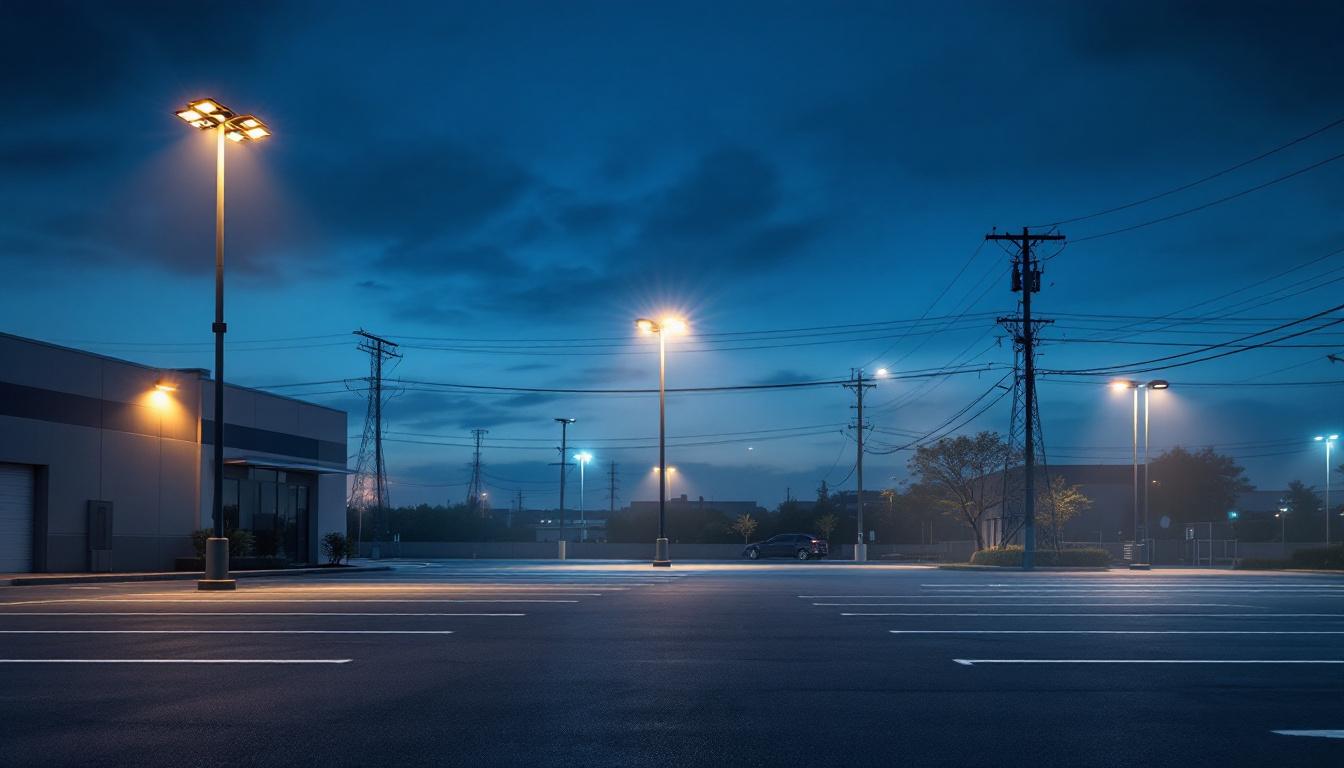 A photograph of a well-lit parking lot at dusk