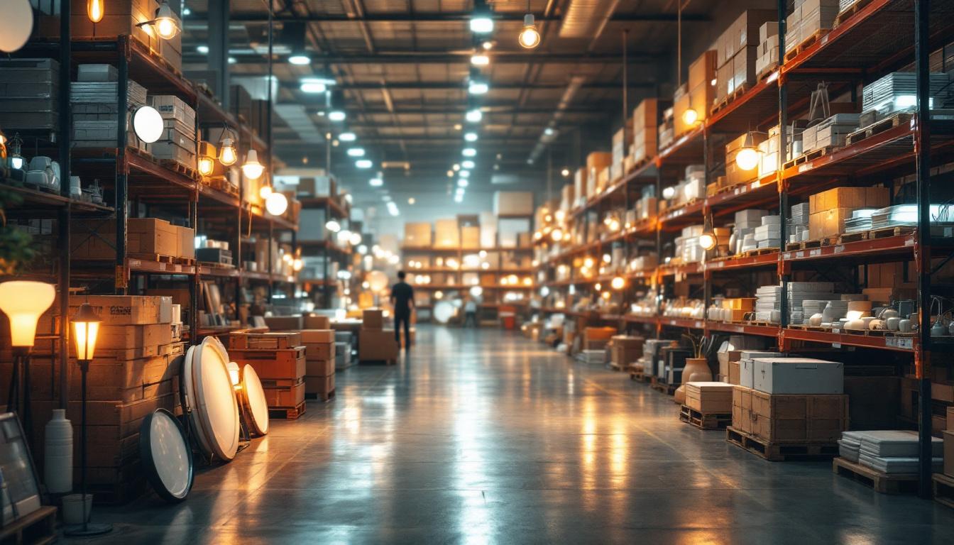A photograph of a well-lit warehouse showcasing an array of lighting products on display