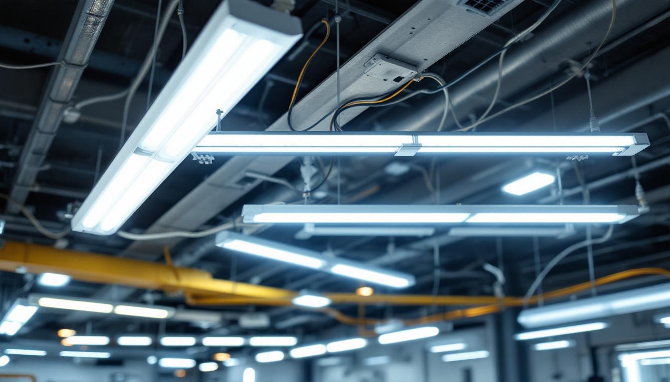 A photograph of a well-lit workspace featuring a variety of fluorescent light fixtures and their wiring