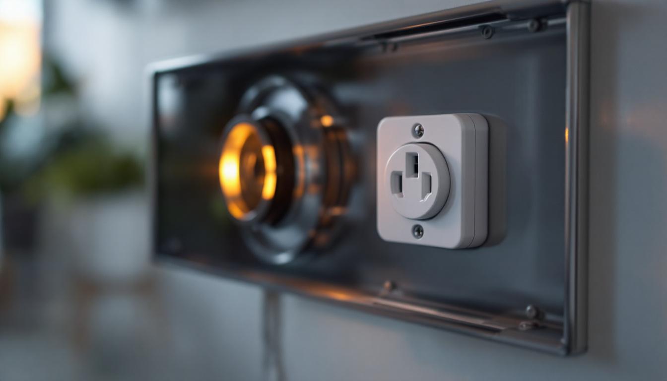 A photograph of a close-up view of a washer receptacle installed in a home