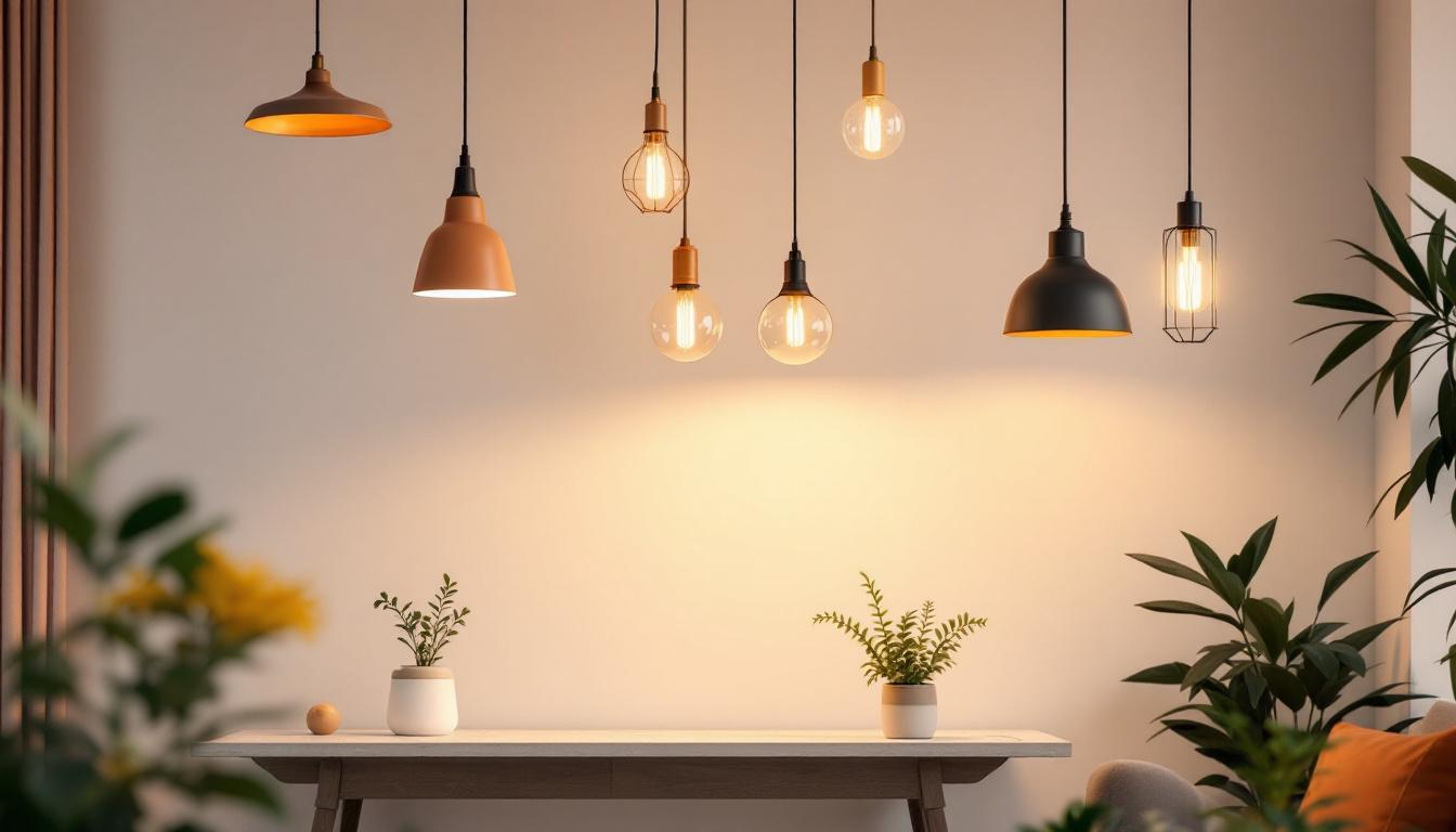 A photograph of a beautifully styled interior space featuring a variety of pendant lights