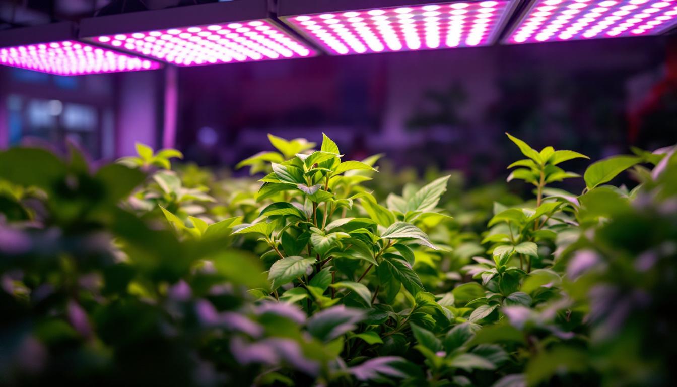 A photograph of a vibrant indoor garden illuminated by commercial led grow lights