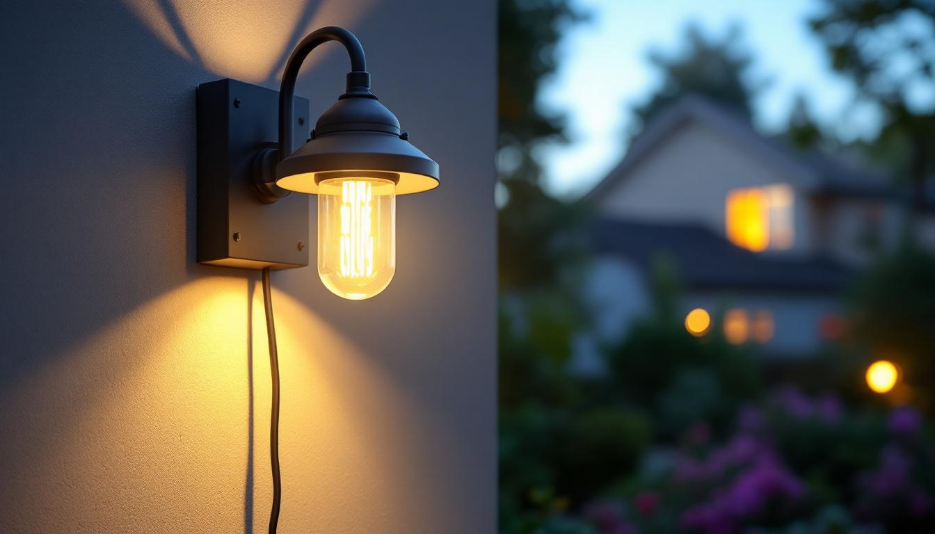 A photograph of a well-lit outdoor wall-mounted led lighting fixture against a backdrop of a home or garden