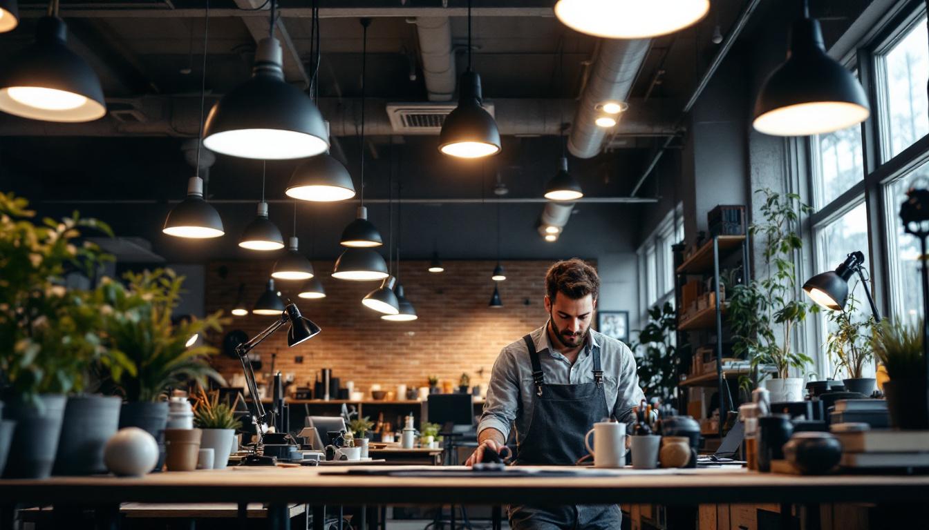 A photograph of a well-lit workspace featuring various recessed shop lights installed in a practical setting
