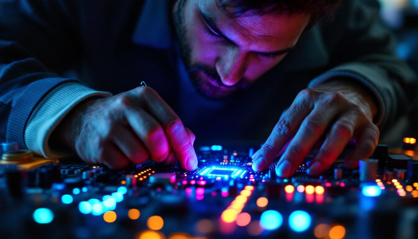 A photograph of a skilled electrical engineer working on a circuit board illuminated by vibrant led lights