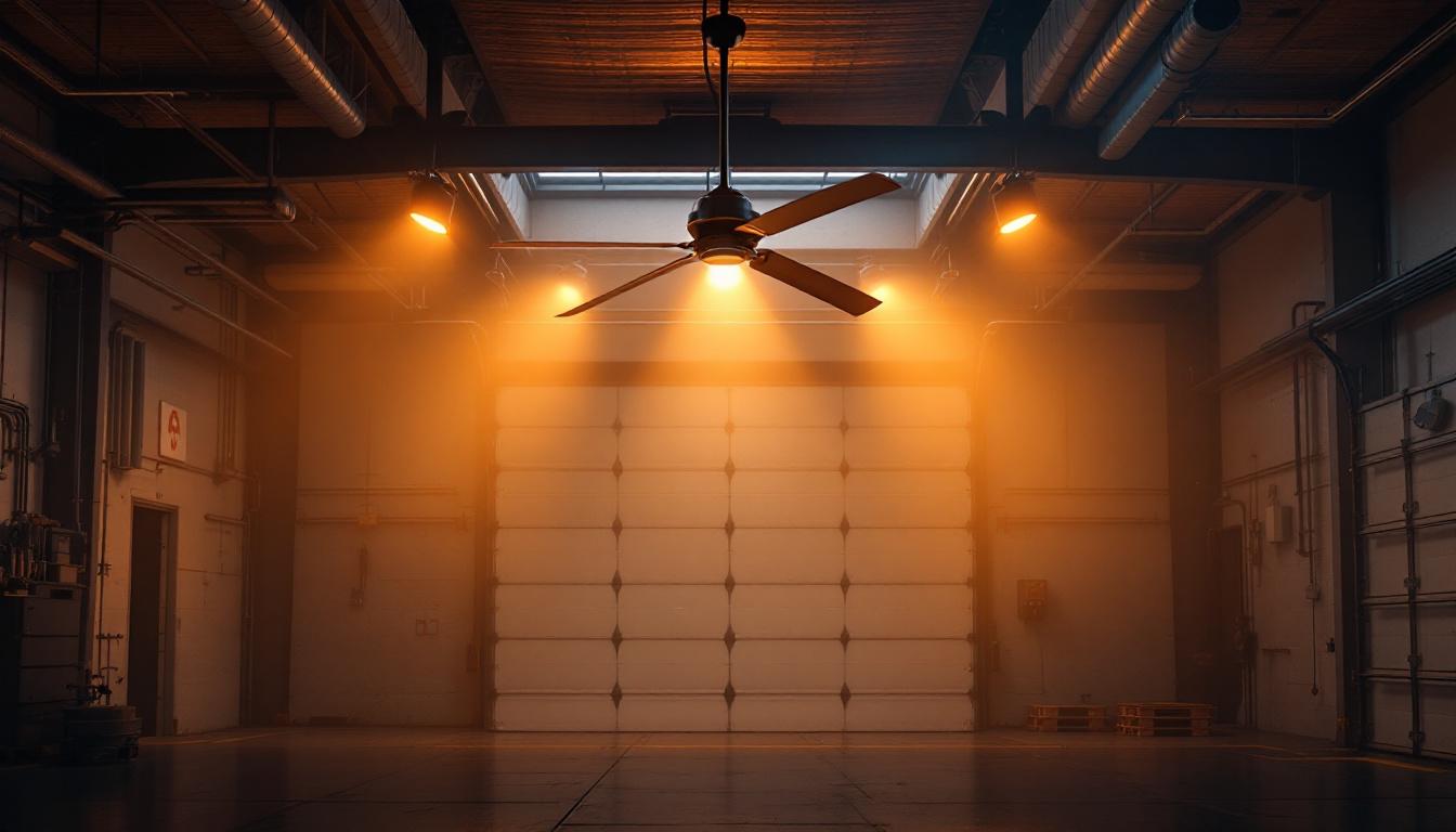 A photograph of an industrial garage setting featuring a large