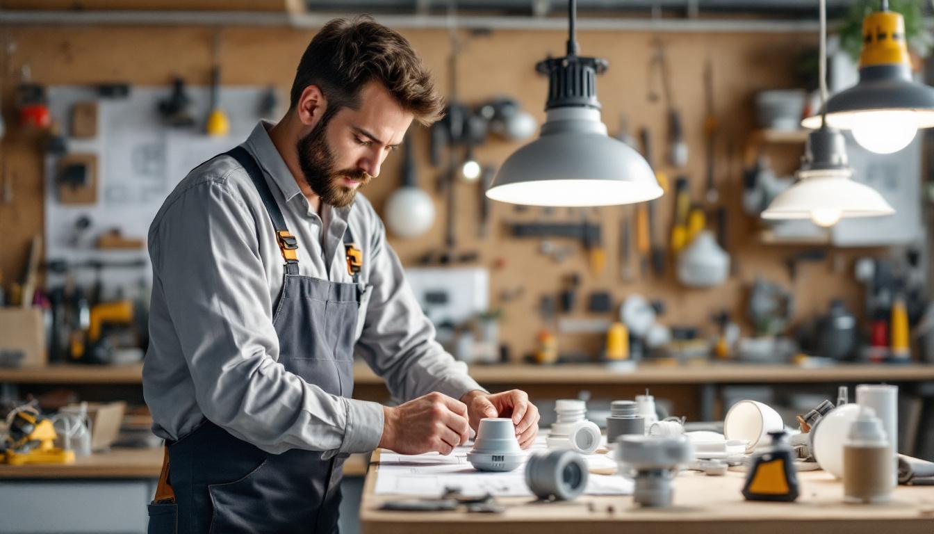 A photograph of a skilled electrical engineer examining various hanging light fixture replacement parts on a workbench