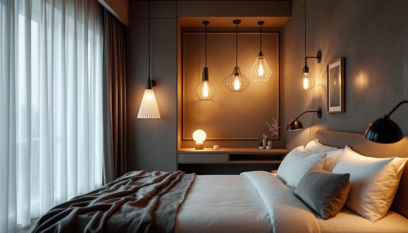 A photograph of a beautifully designed hotel room showcasing a variety of stylish lighting fixtures