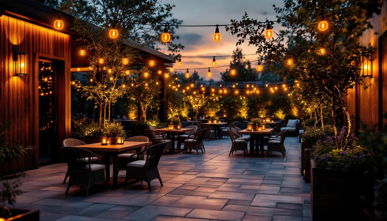 A photograph of a beautifully lit outdoor space at dusk