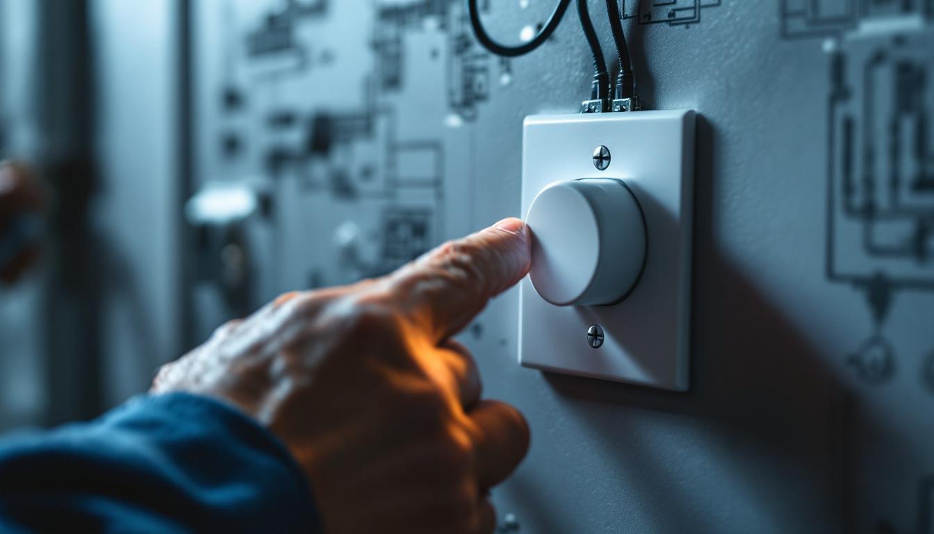A photograph of a close-up of a commercial dimmer switch being installed by an electrician
