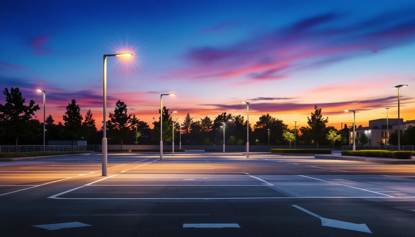 A photograph of a modern parking lot illuminated by sleek led pole lights at dusk