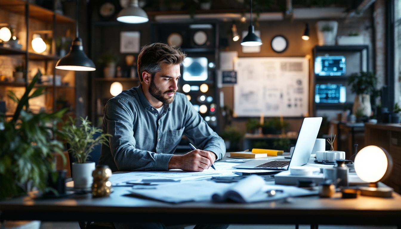 A photograph of a modern workspace featuring an electrical engineer analyzing led lighting designs