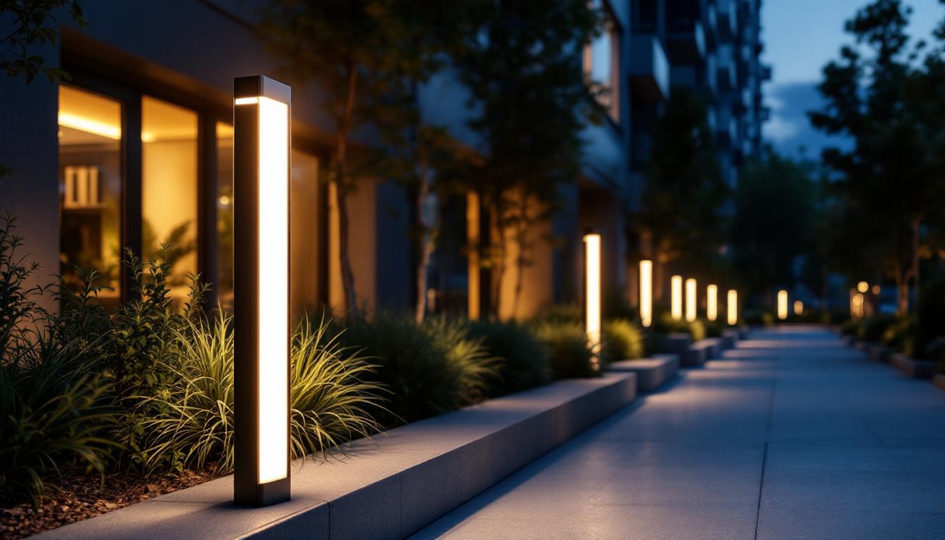 A photograph of a sleek led bollard lamp illuminating a modern outdoor space