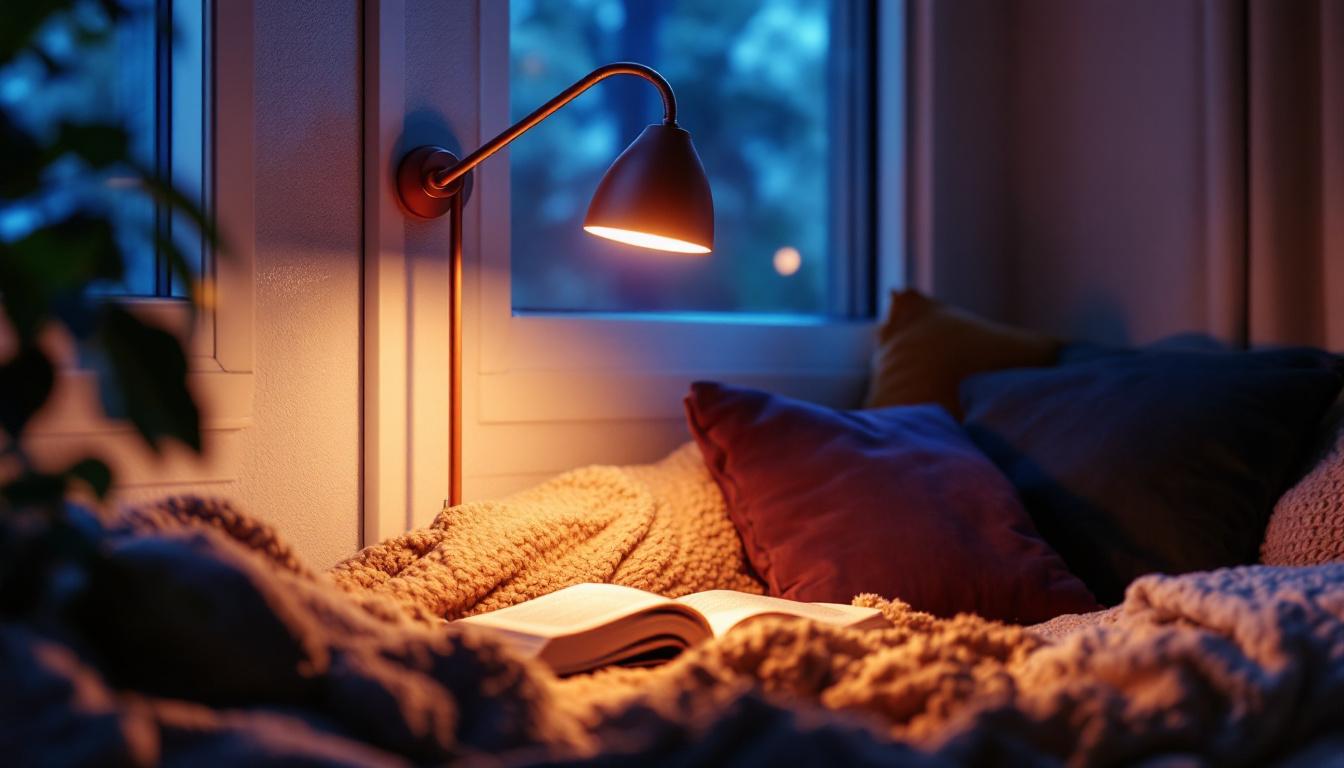 A photograph of a stylish gooseneck led light illuminating a cozy reading nook