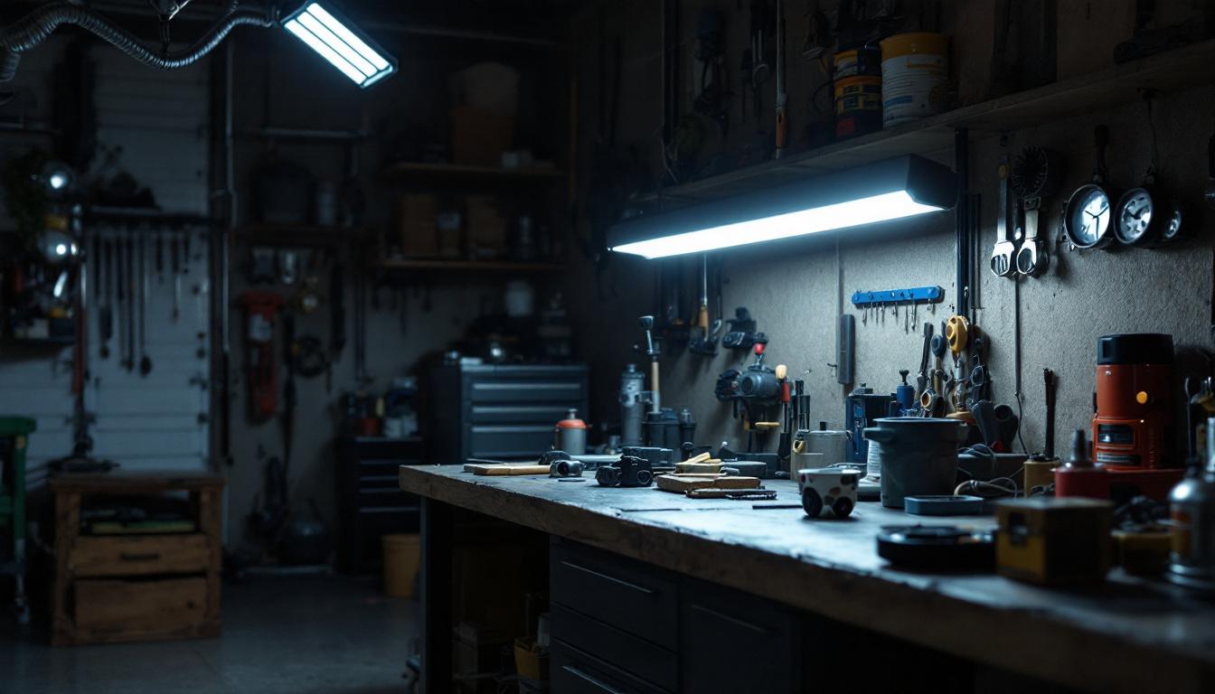 A photograph of a well-lit workshop or garage setting featuring an 8-foot led shop light in use