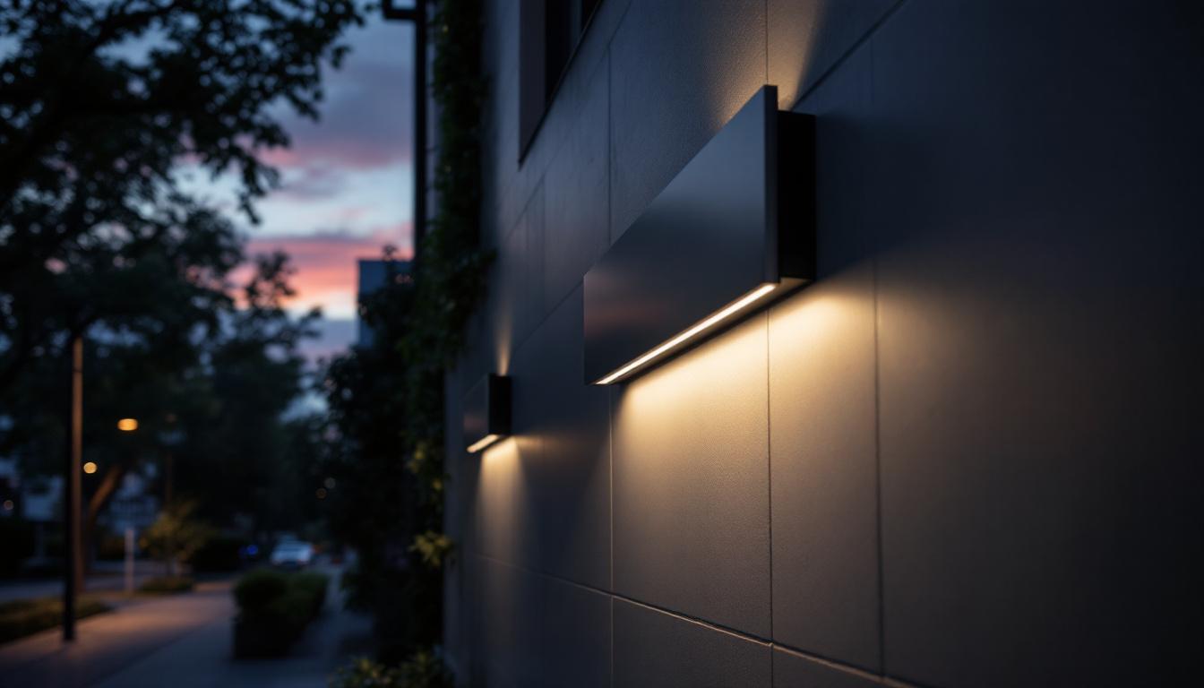 A photograph of a full cutoff led wall pack installed on a building exterior at dusk