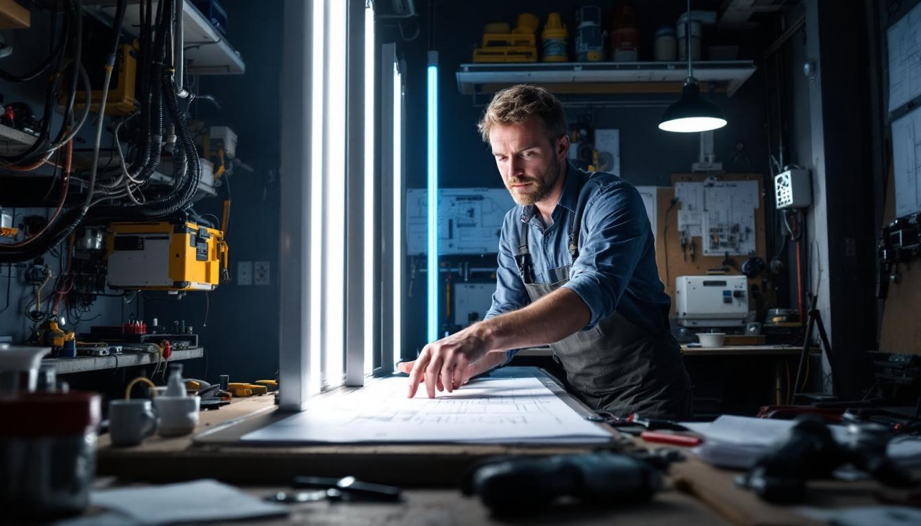 A photograph of an electrical engineer in a workspace