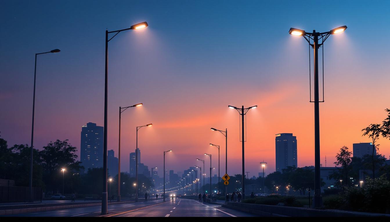 A photograph of a variety of street lighting poles in different urban settings