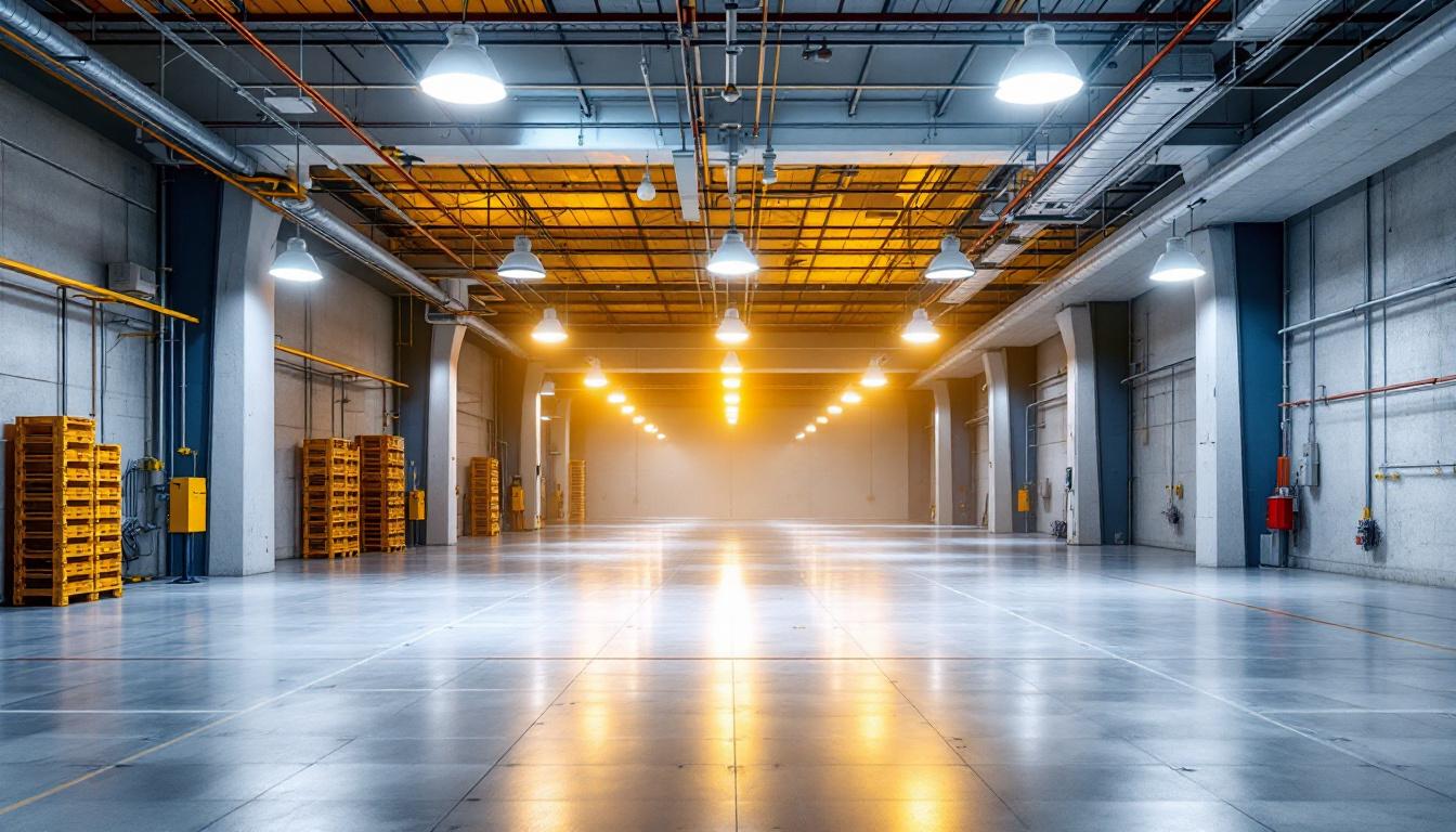 A photograph of a well-lit industrial or commercial space showcasing various types of highbay lights in action