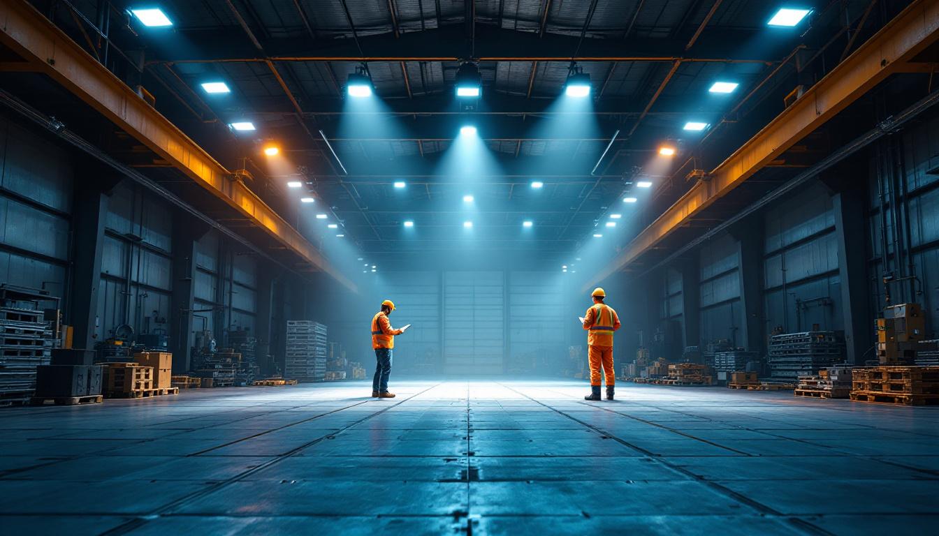 A photograph of a well-lit industrial space showcasing high bay led lights in action