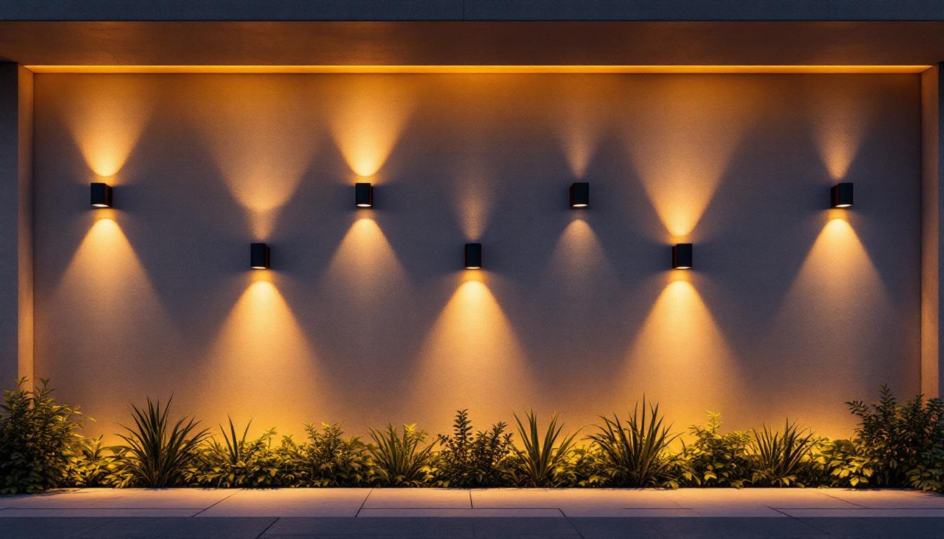 A photograph of a beautifully lit exterior wall showcasing various led light fixtures in different placements
