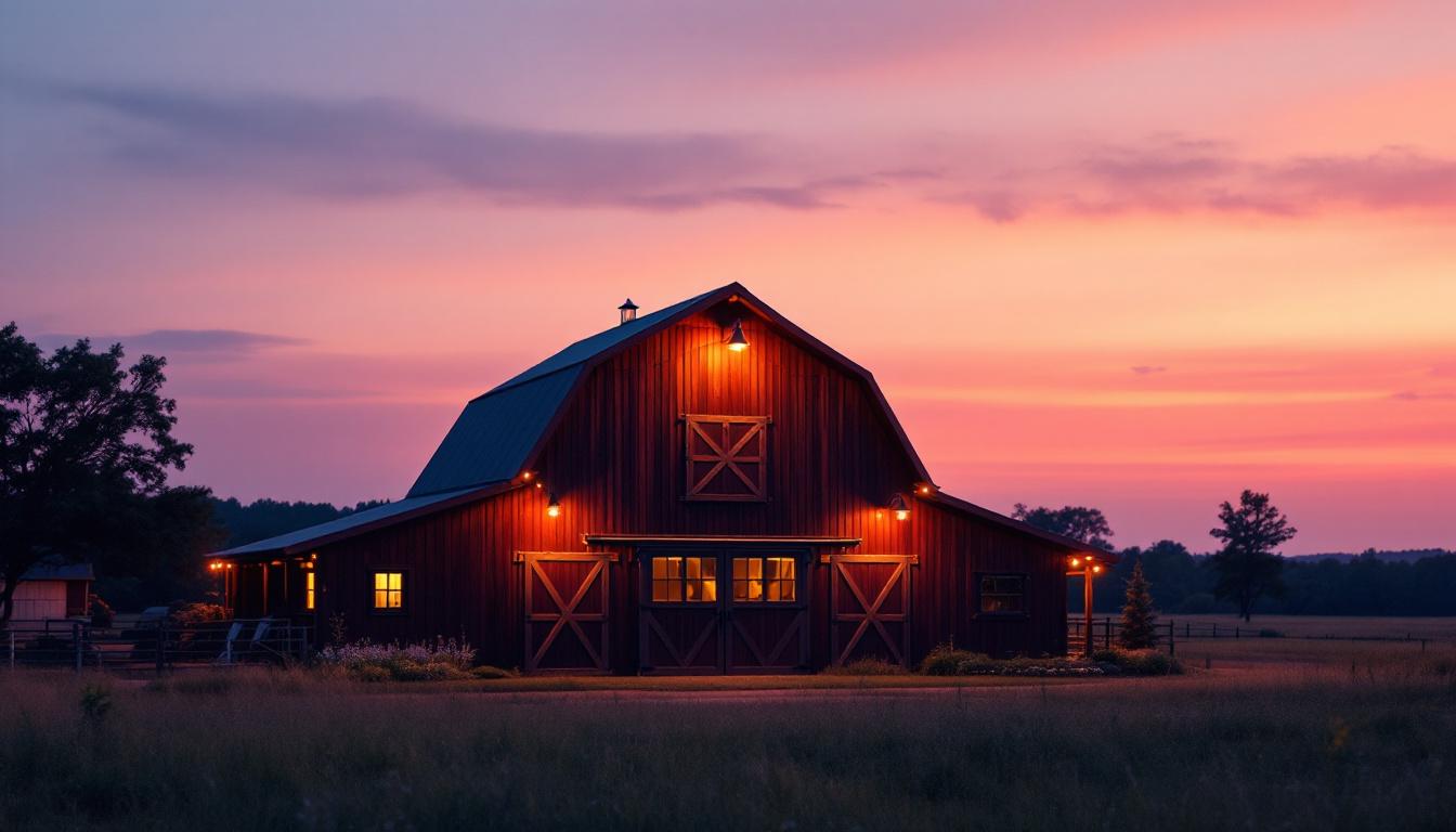A photograph of a beautifully illuminated large outdoor barn featuring various styles of barn lights