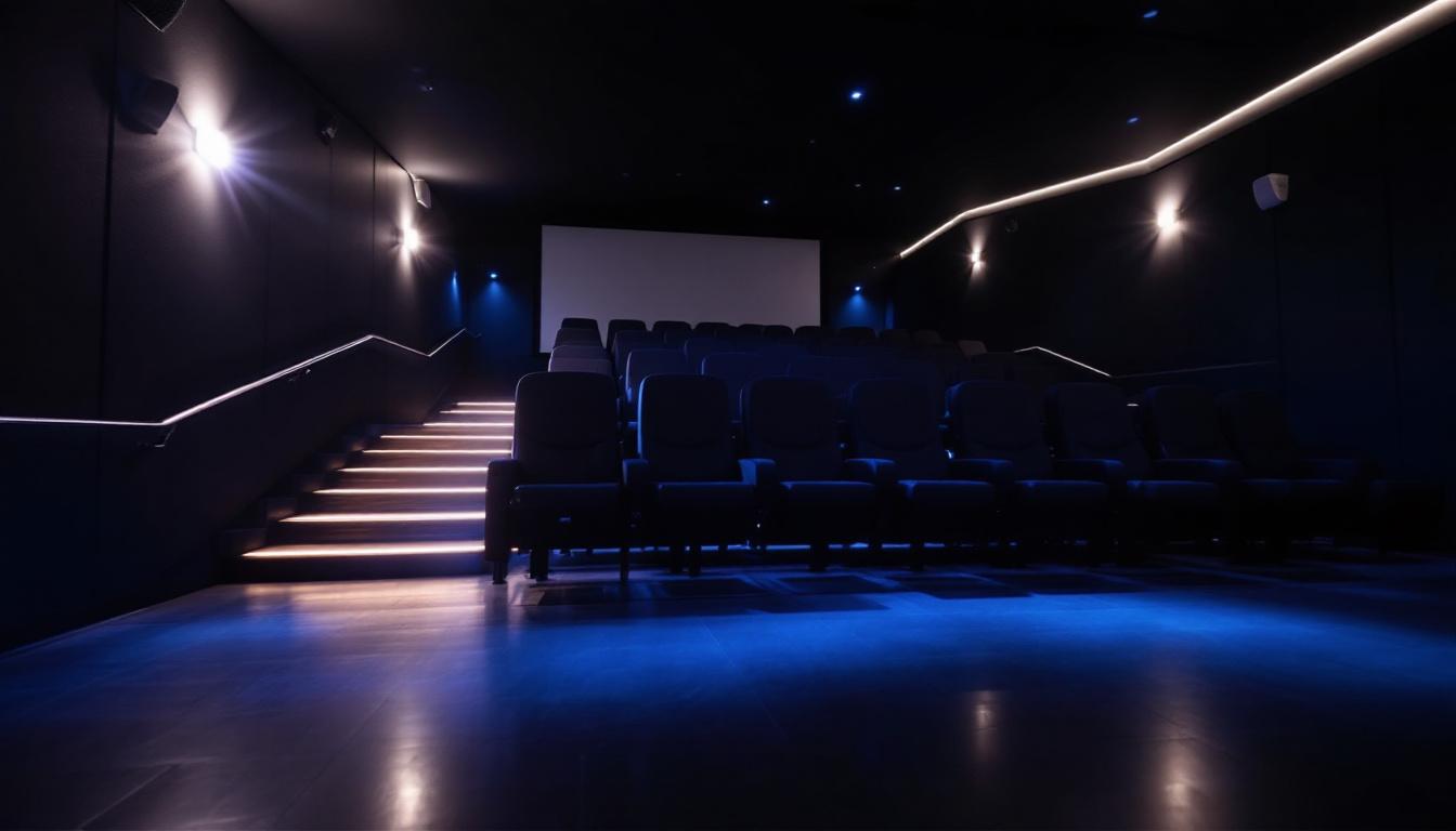 A photograph of capture a photograph of a dimly lit movie theater floor illuminated by energy-efficient led lighting