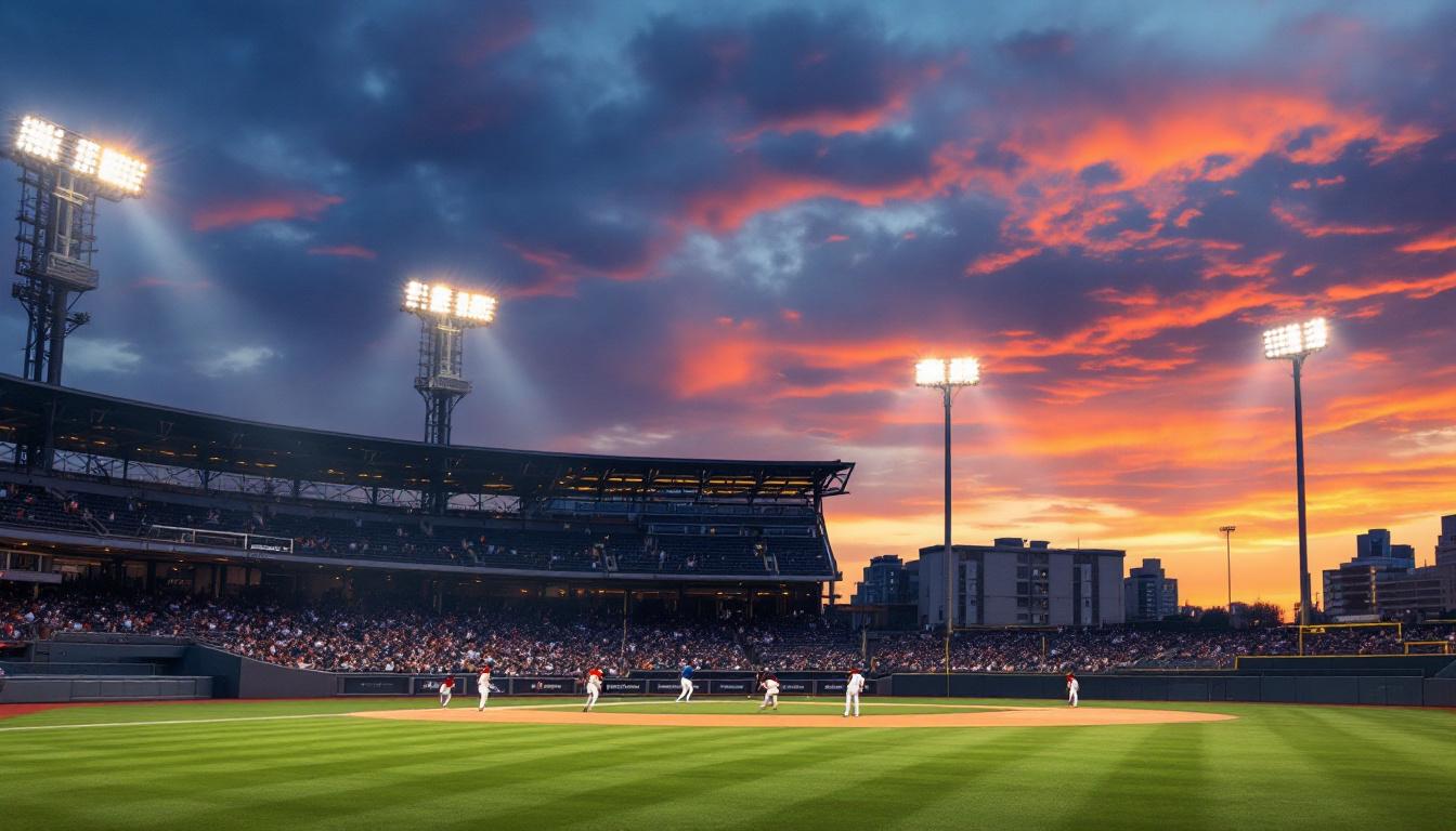 A photograph of a well-lit baseball field at dusk