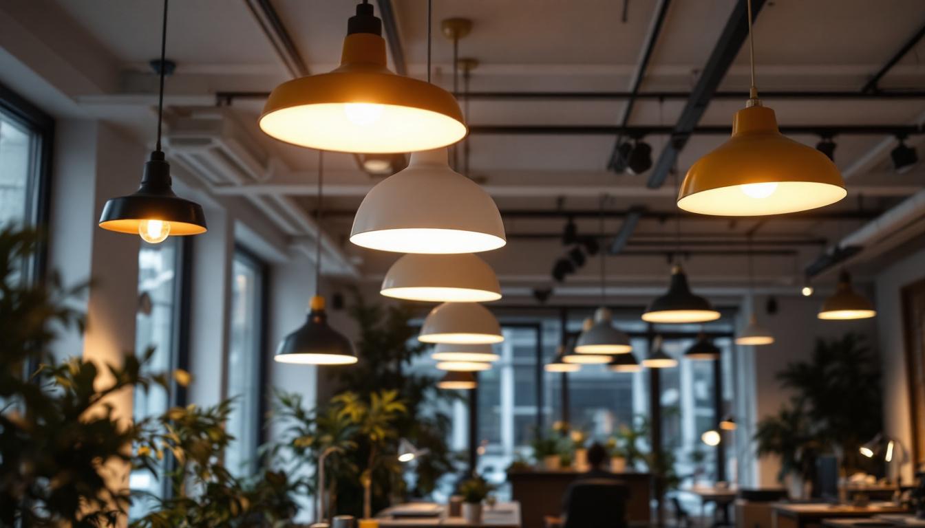 A photograph of a modern office space featuring a variety of ceiling lamps in use