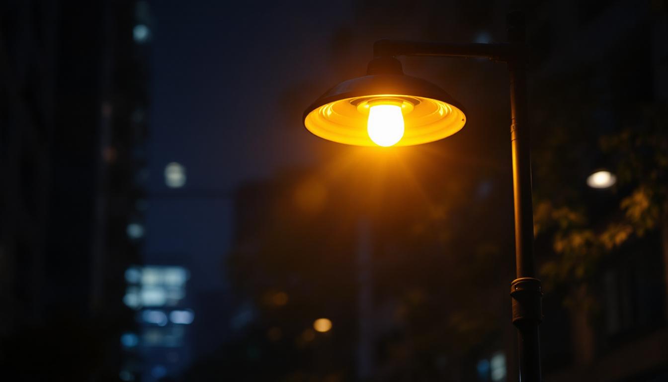 A photograph of a cobra head streetlight illuminating a city street at night
