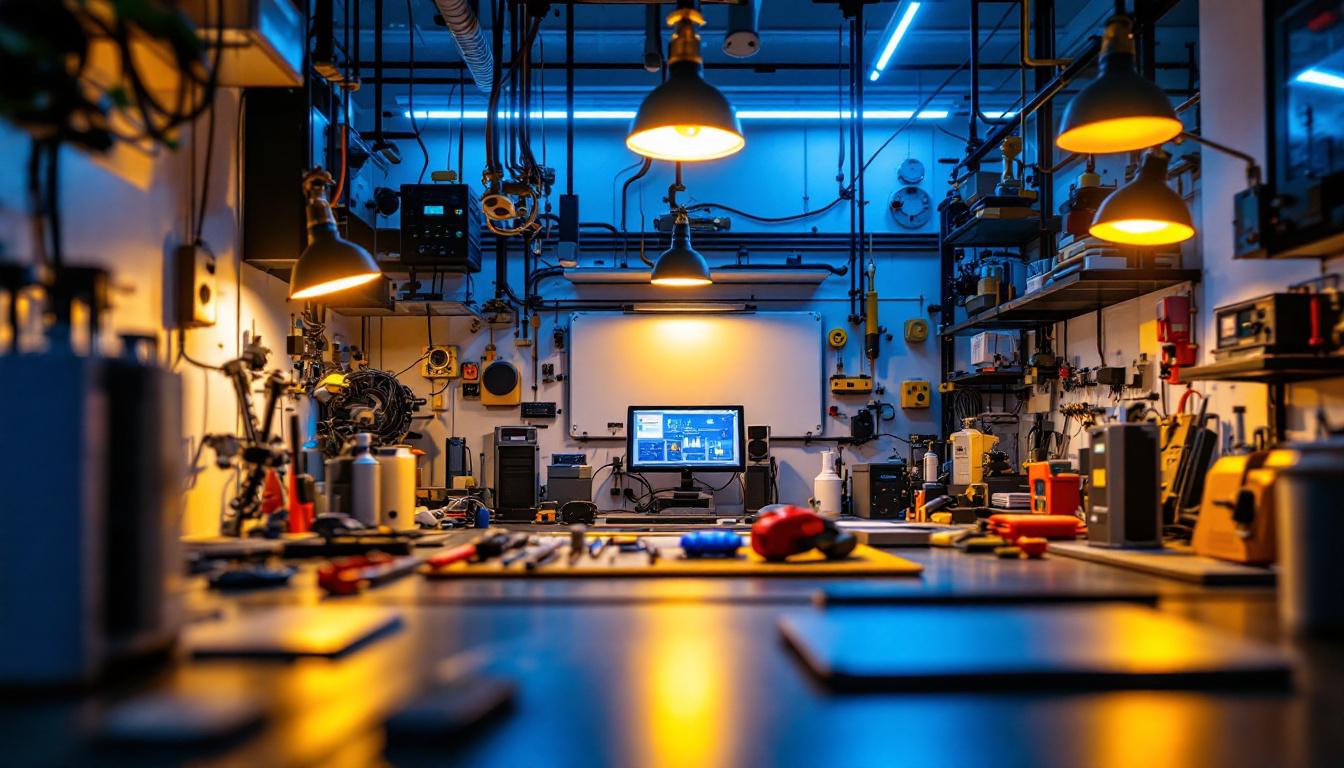 A photograph of a modern electrical engineering workspace featuring wsd lighting systems in action