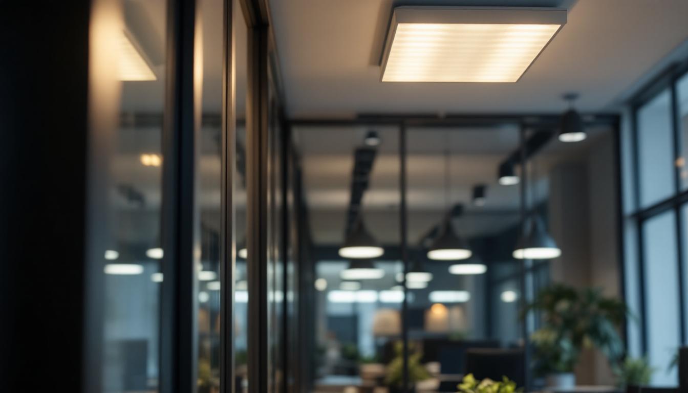 A photograph of a well-lit interior space showcasing 2x4 led light fixtures installed in a modern office or commercial setting
