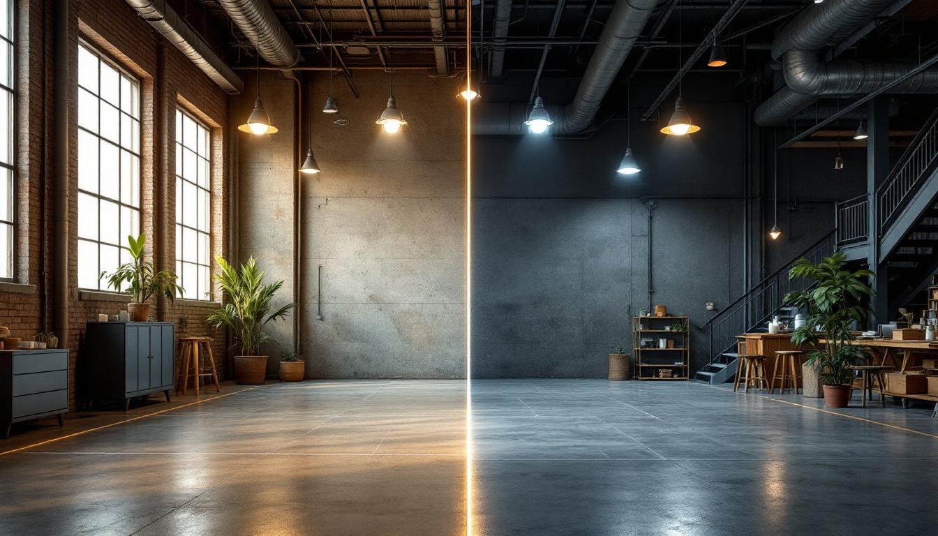 A photograph of a striking contrast between industrial and commercial lighting setups