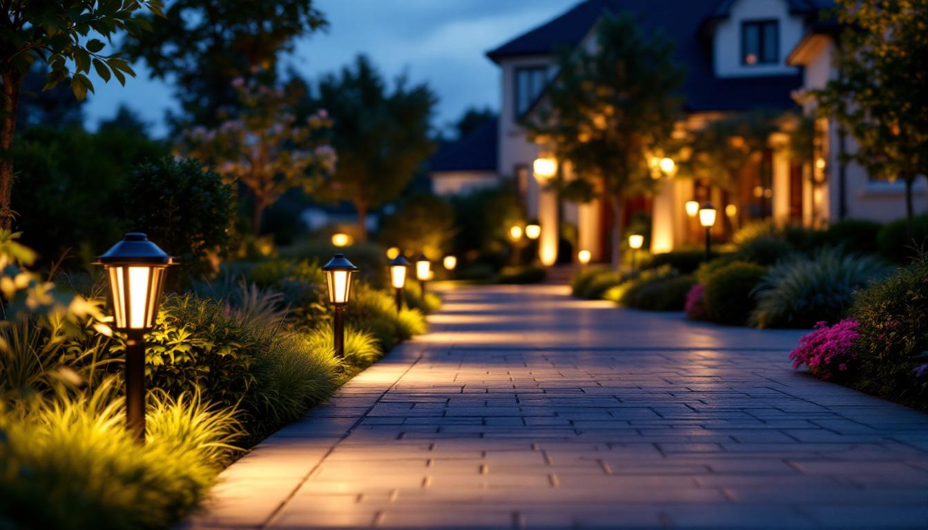 A photograph of a beautifully illuminated driveway at dusk