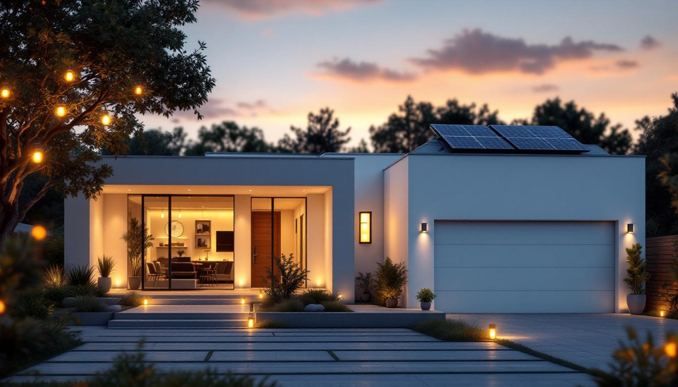 A photograph of a modern home illuminated by solar bulbs at dusk