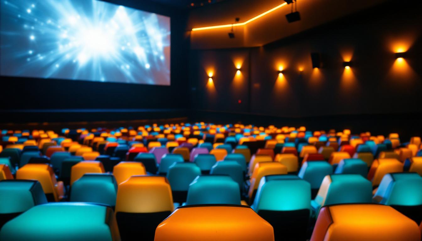 A photograph of a movie theatre interior showcasing the vibrant ambient lighting