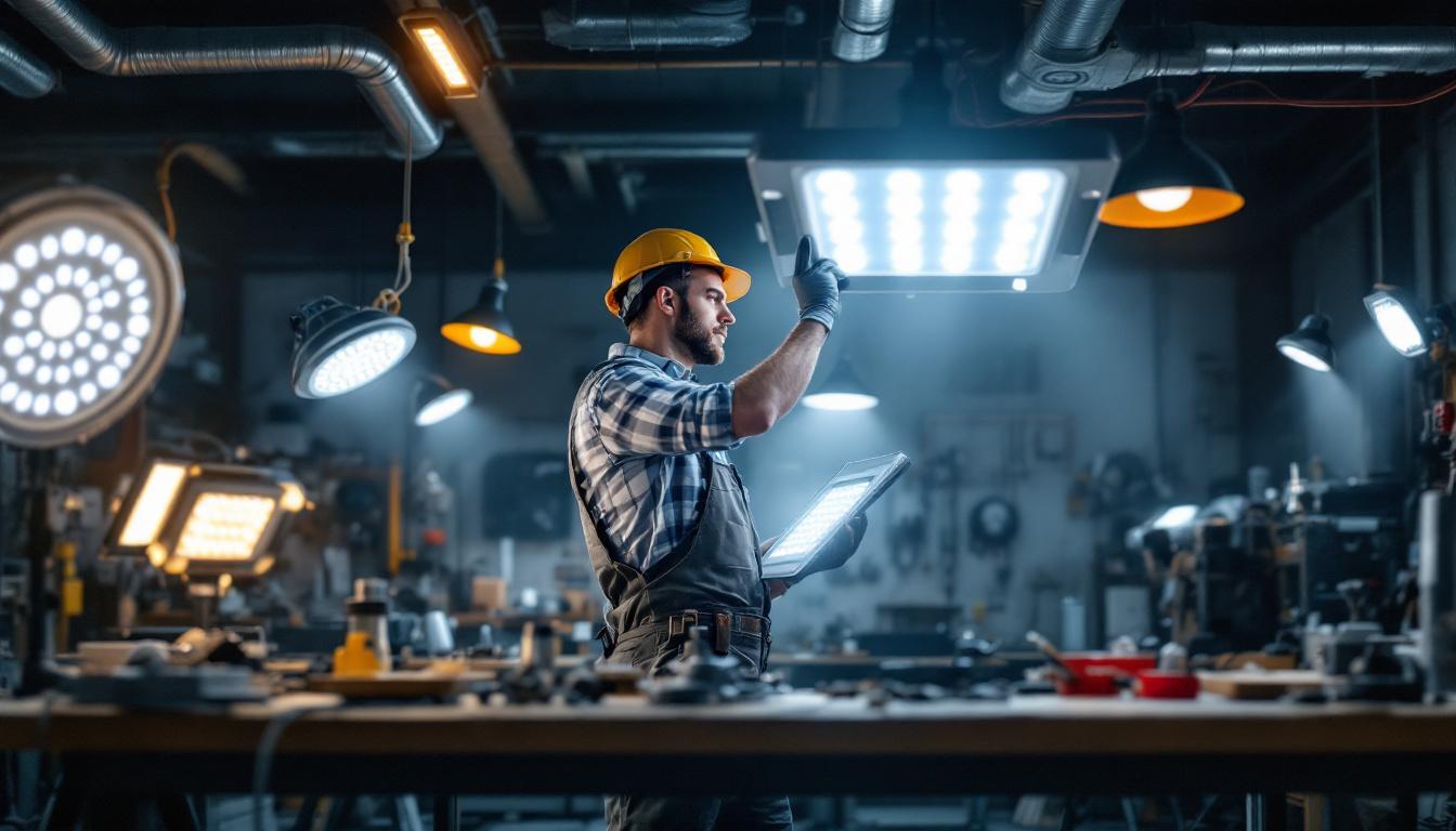 A photograph of a well-lit workshop or garage setting showcasing various styles of led shop lights in use