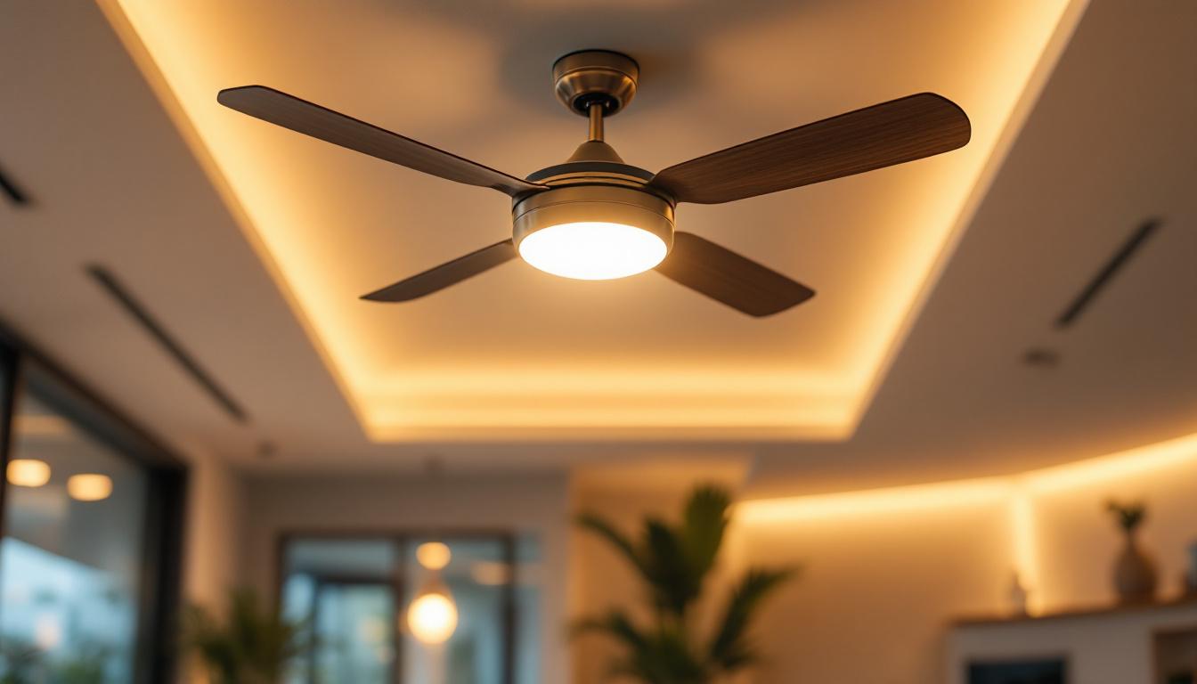 A photograph of a stylish commercial ceiling fan with integrated lights in a well-lit
