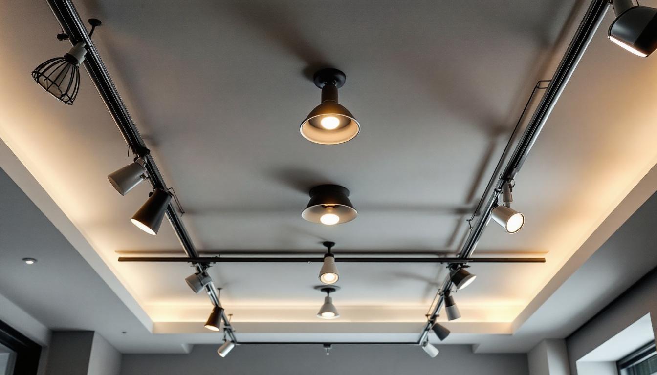 A photograph of a well-designed drop ceiling installation featuring various lighting fixtures