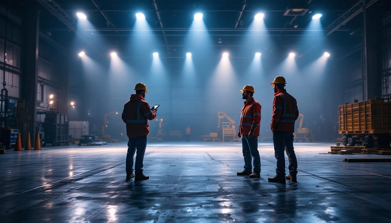A photograph of a well-lit industrial environment showcasing flood lights in action