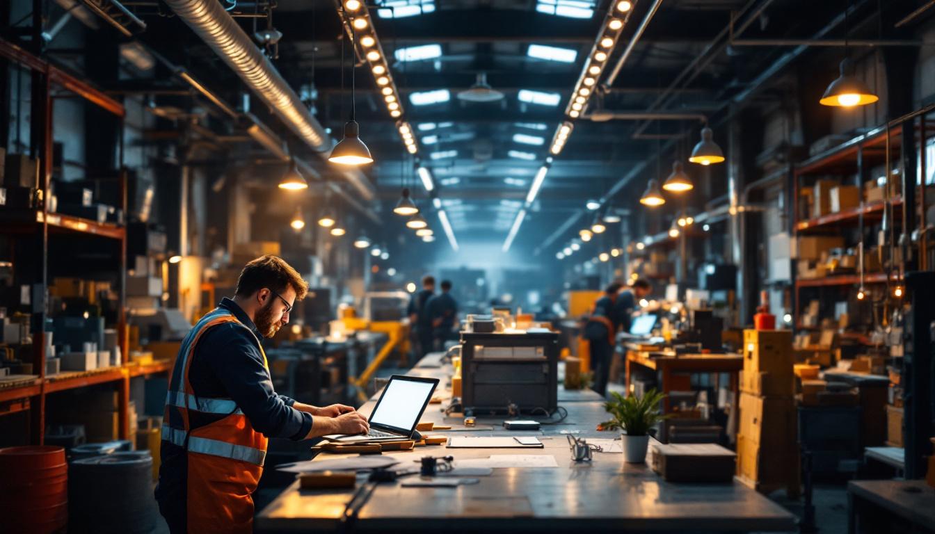 A photograph of a well-lit industrial workspace featuring modern led fixtures