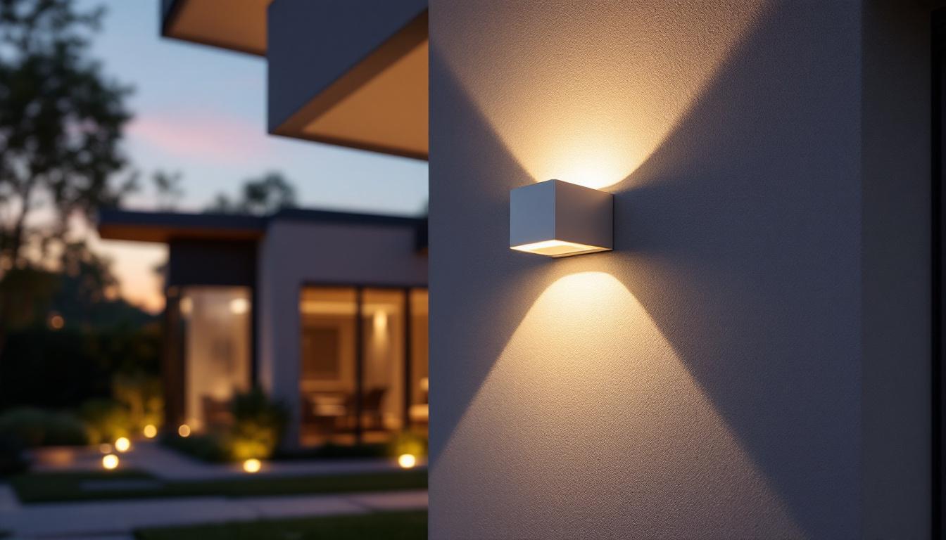 A photograph of capture a photograph of a stylish exterior motion lighting fixture installed on a modern home facade